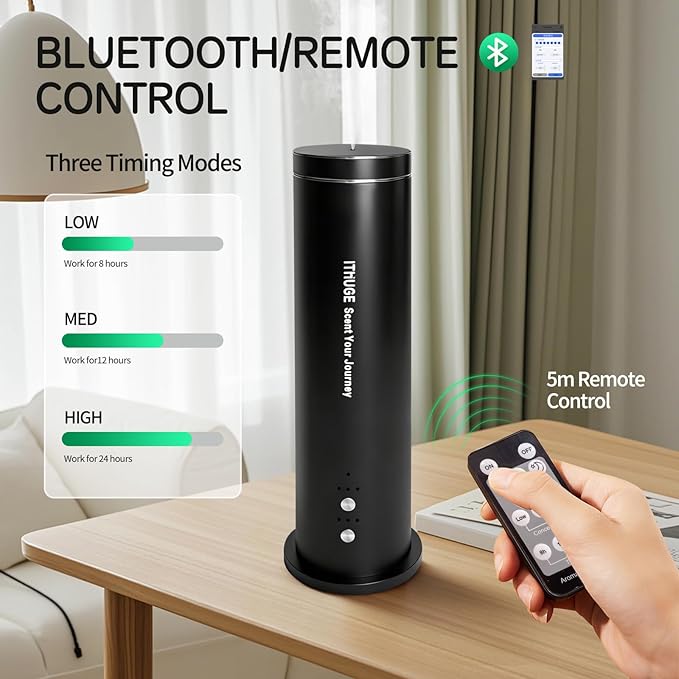 Aluminum Waterless Essential Oil Diffuser for Large Room, 1200 Sq Ft Coverage with Bluetooth App & Remote Control with 100ml Empty Bottle, Cold Air Aromatherapy Machine for Home Office(M202B)