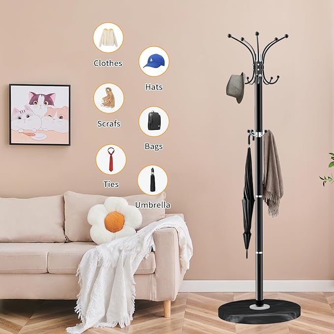 ZOZOE Metal Coat Rack Stand, Modern Coat Rack Freestanding with Natural Marble Base, 360° Rotary Design Coat Racks with 14 Hooks, Coat Tree Hanger Stand for Bags, Hats, Entryway, Office