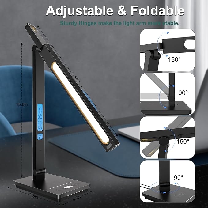 10 in 1 Smart Desk Lamp Led, Desk Light for Colleage Drom Room Office, Eye-Caring Table Lamp with Night Light, Lamp for Desk with 10W Wireless Charger, Dimmable Touch Lamp, Birthday Gifts for Women