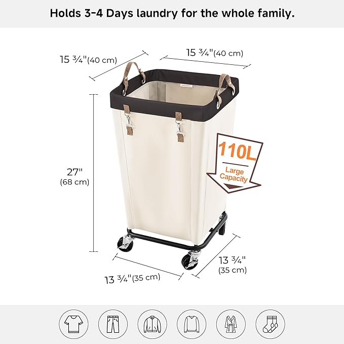 StorageWorks 110L Laundry Basket with Wheels, Large Rolling Hampers for Clothing Organizer, Dirty Clothes Basket for Hotel, Home, Closet, Dorm, Beige