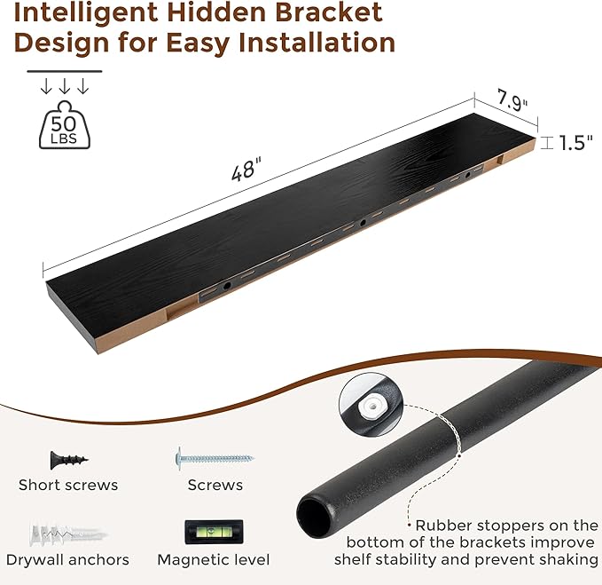 Heimlove 48 Inch Floating Shelves for Wall 8 Inch Deep Black Shelves Set of 2,Wall Mounted Rustic Wood Long Floating Shelf，Large Display & Storage Shelf with Invisible Brackets