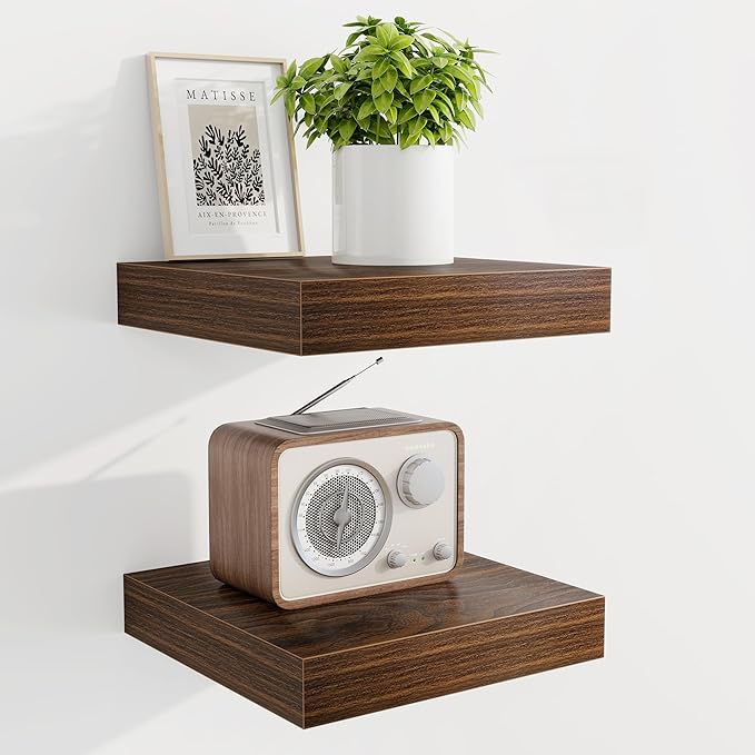 Marsmiles 6.7" Floating Shelves for Wall, Wooden Shelves with Invisible Brackets Set of 2, Rustic Farmhouse Wall Mounted Shelf for Kitchen Bathroom Living Room Study, Walnut