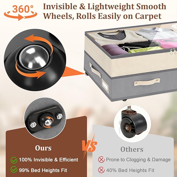 Dolicer 2 Pack Under Bed Storage with Wheels, 6in-10in Height Adjustable Underbed Storage Containers, 92L XXXL Under Bed Drawers Rolling Bin with Clear Lids for Dorm Shoes Clothes Organizers(Grey)