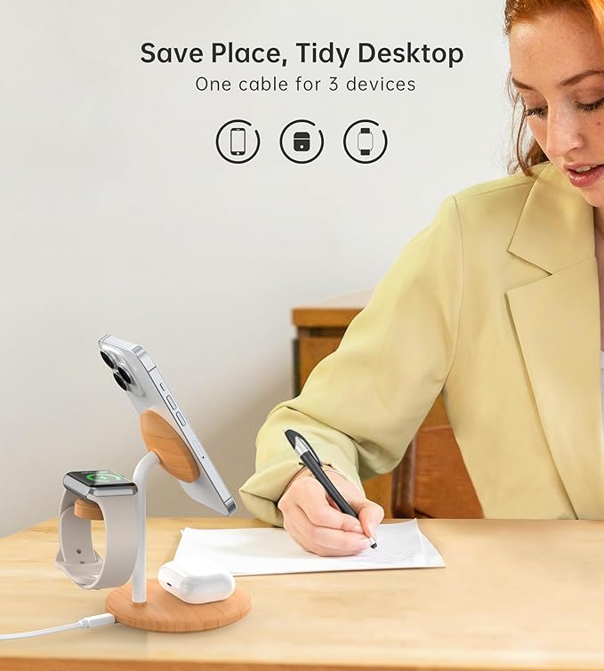 XooFly 3 in 1 Wireless Charging Station for Apple Devices,Fast Wireless Mag-Safe Charger Stand with 20W Adapter for iPhone 17 16 15 14 13 12 Pro Max/Pro/Plus/Air/Mini,iWatch,AirPods,Yellow Woodgrain