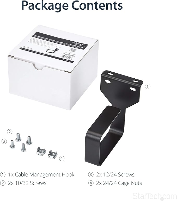 StarTech.com 2.4 x 3.9in Vertical Cable Management D Ring - 1.5U Metal D-Ring Hooks - Wire Organizer for 2 or 4-Post Network/Server Racks (CMHOOKMW) Black
