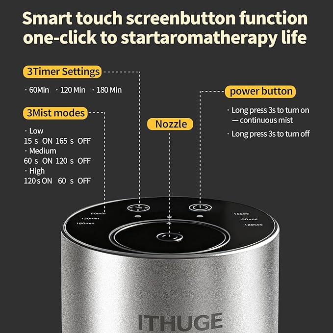 Aluminum Waterless Essential Oil Diffuser, Portable Aromatherapy Diffuser with 20mL Empty Bottle, Battery Operated Mini Scent Diffuser,3 Mist Levels & Timers, Leak-Free, for Home, Car, Office (E200W)