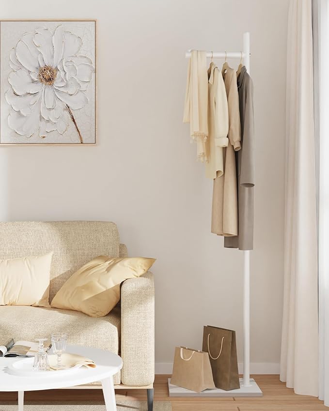 Yawinhe Metal Coat Rack, Coat Tree with Rock Base,L Shaped Freestanding Hall Tree, Clothes Hanger Stand Suitable for Bedroom, Hallway, Entrance,68.5 Inches High,White,USMJ101W