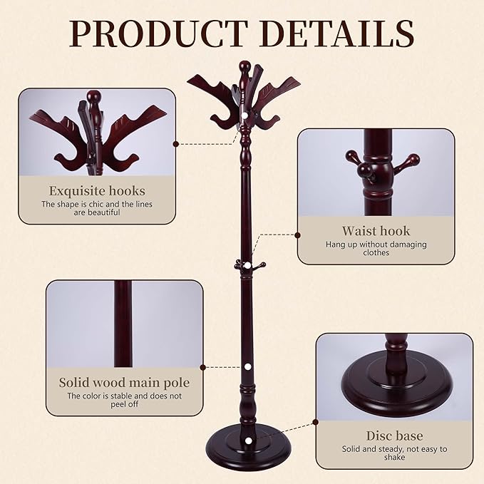 Wooden Coat Rack Freestanding, Creative Brid Hooks, Coat Hanger Stand 11 Hooks, Coat Tree Adjustable Height 73", Round Base, Coat Racks free standing for Entryway Hallway, Porch, Bedroom
