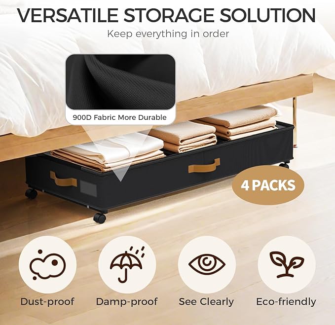 Under Bed Storage with Wheels 4-Pack, 75L XXL Under the Bed Storage Containers Large, 12" Tall Adjustable Storage for Underbed with Lids, Rolling for Shoes, Clothes, Blankets (4PCS-Black)