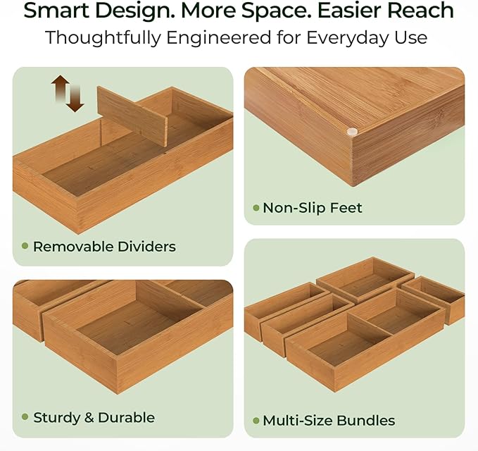 10-Piece Bamboo Drawer Organizer Set, 2.2" Deep Multi-Use Organizers for Utensils, Silverware, Cutlery, Desk, Bathroom, Junk Drawer & Makeup, Non-Slip Feet Included.