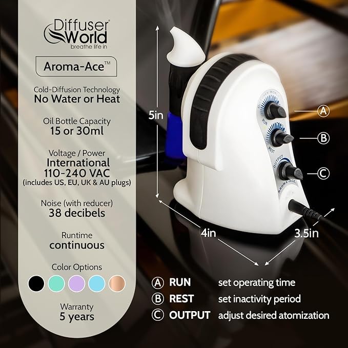 Waterless Diffuser for Essential Oils 12V Aroma-Ace™, Made in USA Black Aroma Atomizer Waterless Essential Oil Diffusers for Home Large Room, Air Aromatherapy Home Scent Diffusers