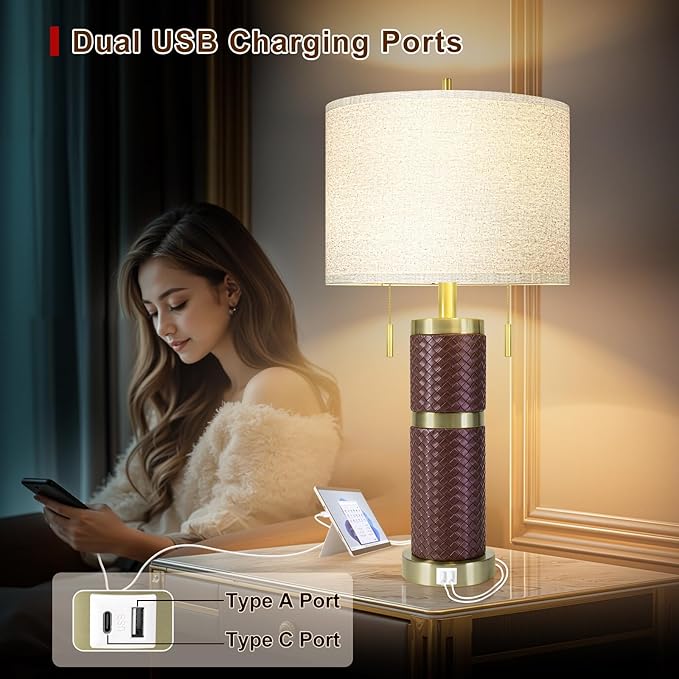 Woven Leather Table Lamps Set of 2, Lamps for Night Stands, 25" Bedside Lamps with USB A+C Ports, Linen Shade, Modern Table Lamps for Bedroom Living Room Office Reading(Bulb Included)