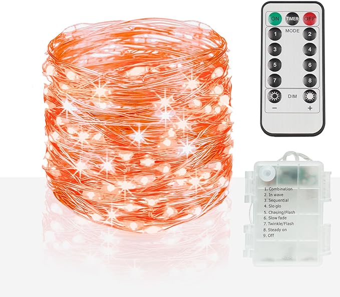 suddus Orange Halloween Fairy Lights Battery Operated, 66ft 200 LED Copper Wire Twinkle Lights Waterproof, String Lights with Remote for Bedroom, Party, Yard, Door, Garland, Tree Decorations