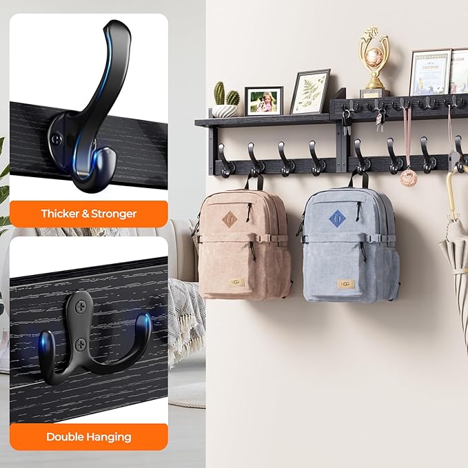 Evermagin 35" Coat Rack Wall Mount with Shelf, 4 in 1 Coat and Key Hanger with 13 Metal Hooks, Entryway Wall Mounted Shelf with Mail Holder for Living Room, Bedroom, Black