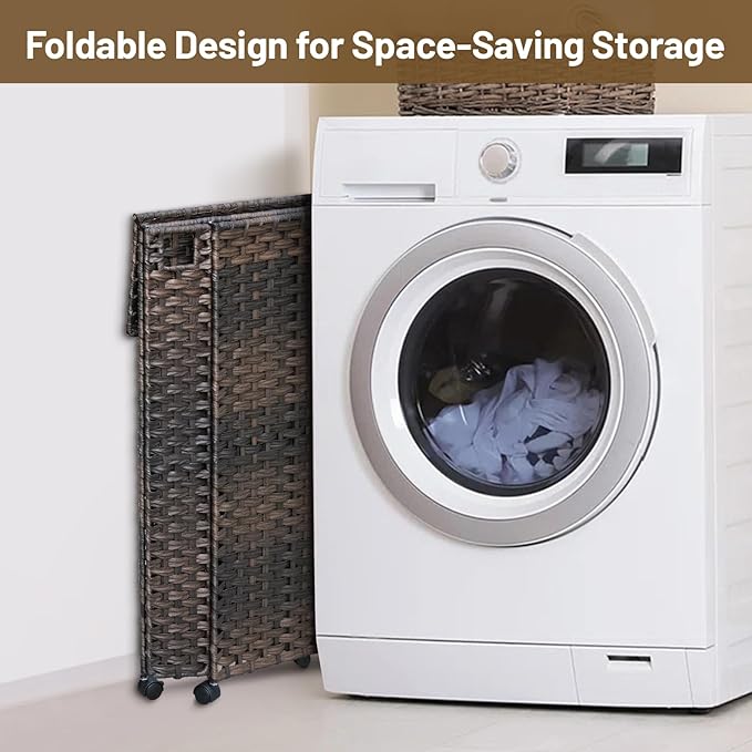 70L Slim Laundry Hamper with Lid & Wheels, 2-Park Rolling Laundry Basket with 4 Removable Liner Bags & 3 Mesh Bags, Narrow Dirty Clothes Basket, Foldable Handwoven Rattan Laundry Sorter, Brown