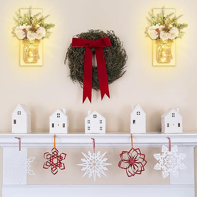 Rustic Wall Sconces Mason Jar Sconces Handmade Wall Art Hanging Design with Remote Control LED Fairy Lights and White Peony, Christmas Decor Gifts Farmhouse Home Decor Living Room Lights Set of Two