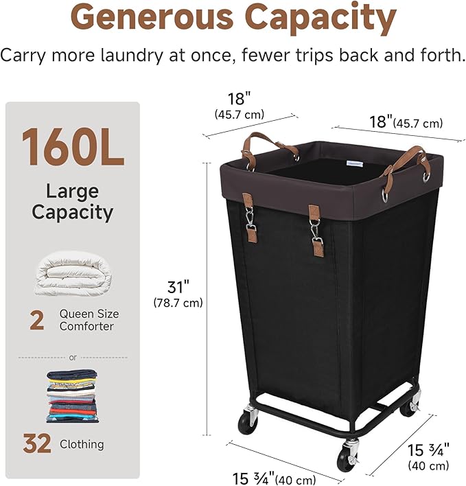 StorageWorks 160L Laundry Basket with Wheels, Large Rolling Hampers for Clothing Organizer, Dirty Clothes Basket for Hotel, Home, Closet, Dorm, Black