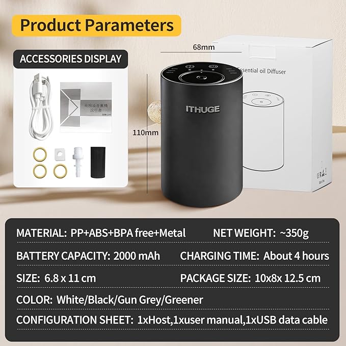 Aluminum Waterless Essential Oil Diffuser, Portable Aromatherapy Diffuser with 20mL Empty Bottle, Battery Operated Mini Scent Diffuser,3 Mist Levels & Timers, Leak-Free, for Home, Car, Office(E200S)