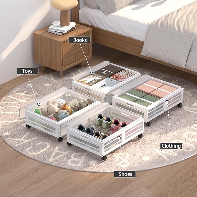 Under Bed Storage Containers with Wheels, Larger Bamboo Wood Under Furniture Storage Containers with Dust Bags，Rolling for Shoes Clothes