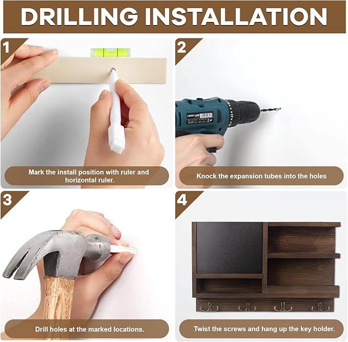 Key Holder for Wall, Mail Organizer Wall Mount with Key Hooks and Chalkboard & Mirror for Sunglasses Storage and Dog Leash Hanger, Decorative with 4 Double Hooks