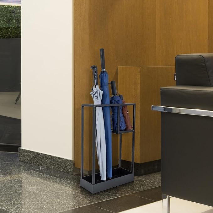 MyGift Modern Black Metal Entryway Umbrella Rack with Geometric Design, 13 x 5-inch Wide Rectangular Freestanding Cane Umbrella Holder with Shelf for Small Umbrellas and Bottom Drip Catch Tray