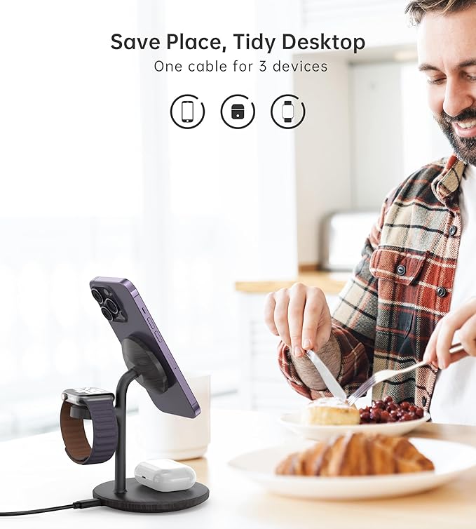 XooFly 3 in 1 Wireless Charging Station for Apple Devices, Fast Wireless Mag-Safe Charger Stand with 20W Adapter for iPhone 17/16 15 14 13 12 Pro Max/Pro/Plus/Air/Mini,iWatch,AirPods(Black Wood Grain)