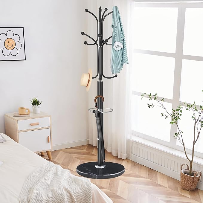 ZOZOE Metal Coat Rack Stand, Modern Coat Rack Freestanding with Natural Marble Base, Sturdy Coat Racks with 12 Hooks & Umbrella Holder,Black Coat Tree Hanger Stand for Bags,Hats,Entryway,Office