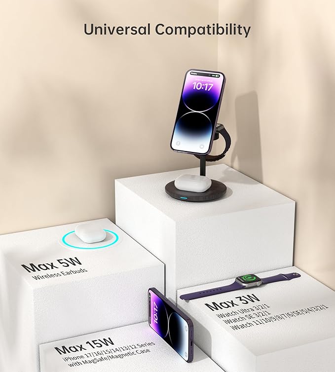 XooFly 3 in 1 Wireless Charging Station for Apple Devices, Fast Wireless Mag-Safe Charger Stand with 20W Adapter for iPhone 17/16 15 14 13 12 Pro Max/Pro/Plus/Air/Mini, iWatch, AirPods(Dark Purple)