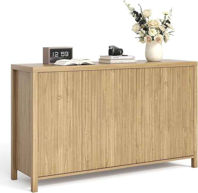 YOUDENOVA Fluted Buffet Cabinet with Storage, Modern Sideboard Cabinets with 4 Doors & Adjustable Shelves, Accent 56” Credenza Storage Cabinet, Wood Entryway Cabinet for Living Room Hallway, Natural