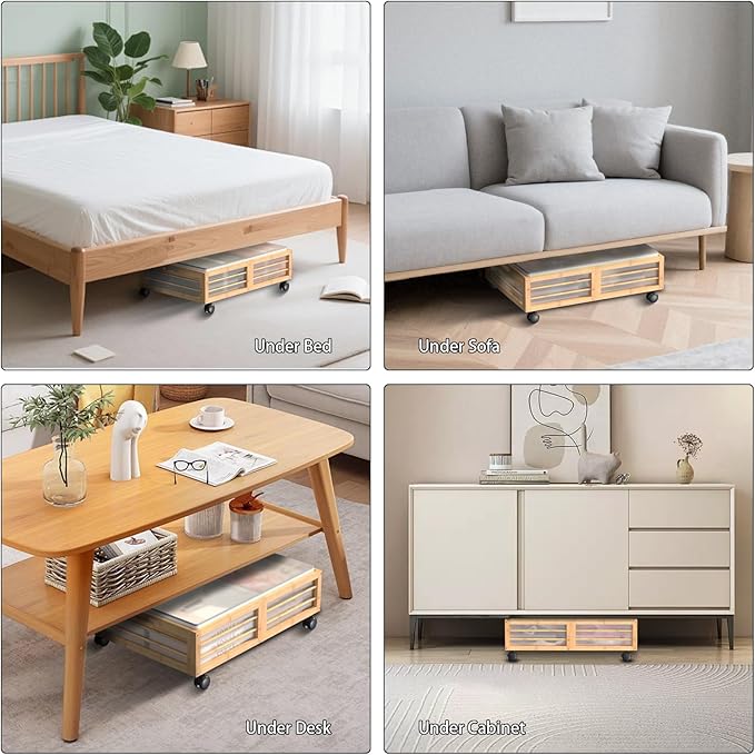 Under Bed Storage Containers with Wheels, Larger Bamboo Wood Under Furniture Storage Containers with Dust Bags，Rolling for Shoes Clothes