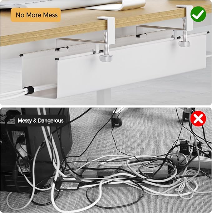 Under Desk Cable Management Tray 27.2" - No Drill Computer Wire Organizer Cable Tray, Cord Hider Clamp Mount with 16X Cable Ties PC Cables Management Cord Holder for Office/Home (Upgrade Fabric,White)