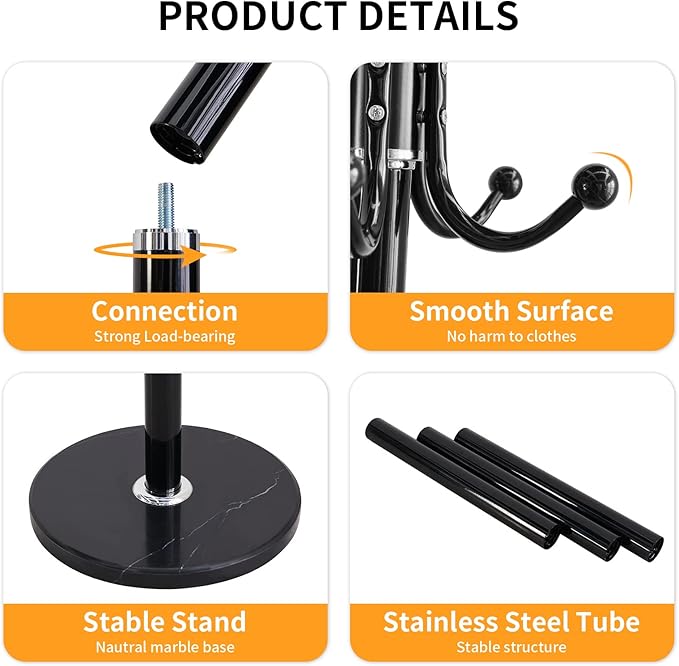 ZOZOE Metal Coat Rack Stand, Modern Coat Rack Freestanding with Natural Marble Base, 360° Rotary Design Coat Racks with 14 Hooks, Coat Tree Hanger Stand for Bags, Hats, Entryway, Office