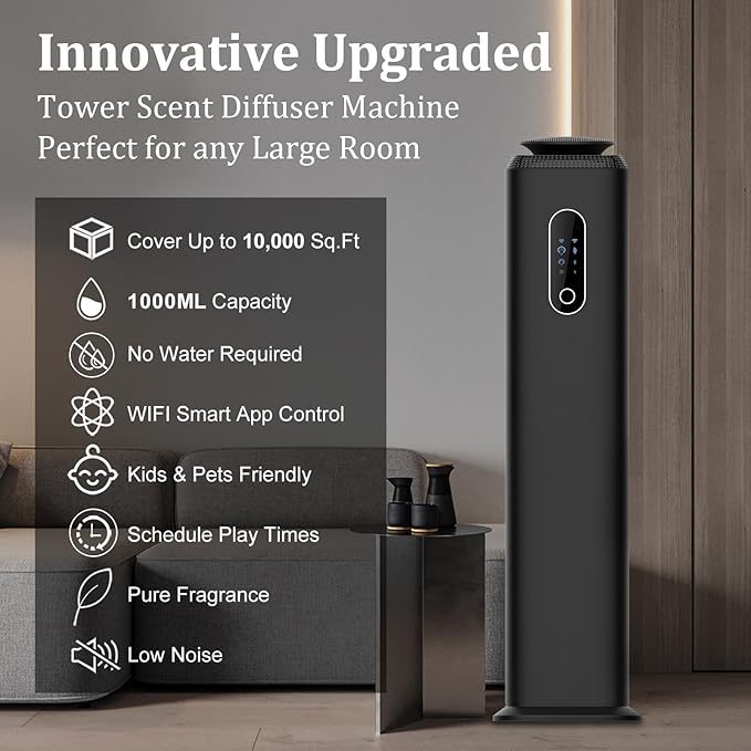 1000ML- Commercial Diffuser Machine Cover 10000 Sq Ft - Tower Hotel Scent Diffuser for Whole House - WiFi App Control -Scent Air Machine & Waterless Essential Oil Diffuser for Large Room - Black