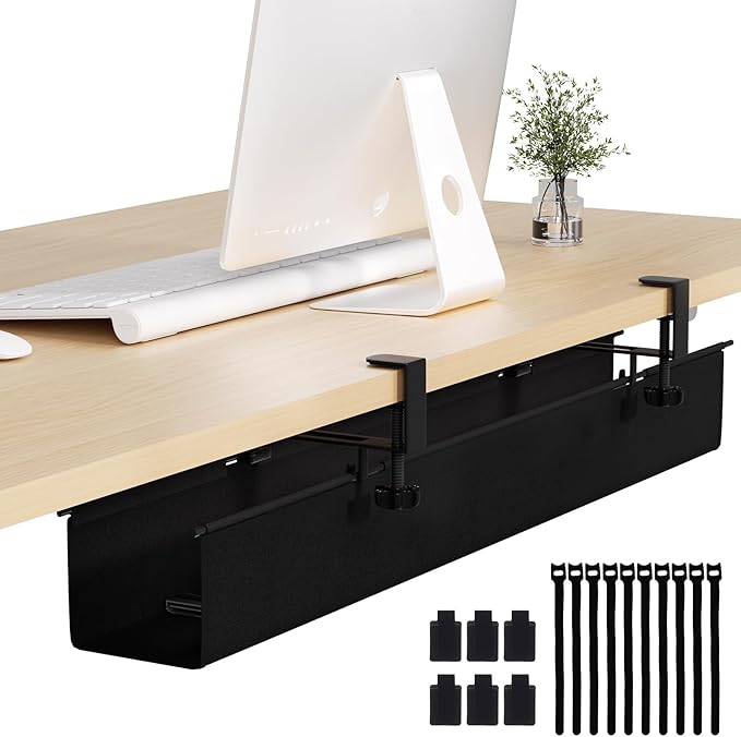 Under Desk Cable Management Tray 39.7" - No Drill Computer Wire Organizer Cable Tray, Cord Hider Clamp Mount with 16X Cable Ties PC Cables Management Cord Holder for Office/Home (Upgrade Fabric,Black)