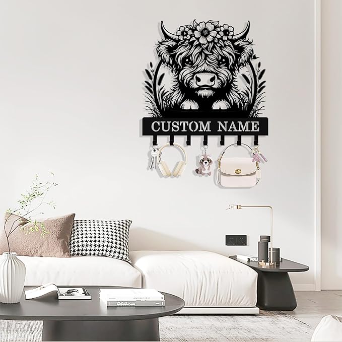Personalized Highland Cow Key Holder Wall Mount, Custom Metal Key Rack Key Holder with Name, Deer Cabin Wall Keys Hanger with Hooks for Entryway, Front Door, Hallway, Kitchen, Living Room