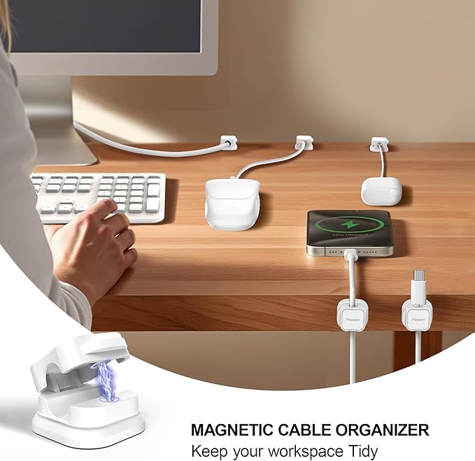 8 Pack Magnetic Cable Clip Organizer Cord Holder, Picozon Adhesive Cable Management, Wire Phone USB Charger Cable Holder, Keeper Organizer for Office Home Desktop Table - White