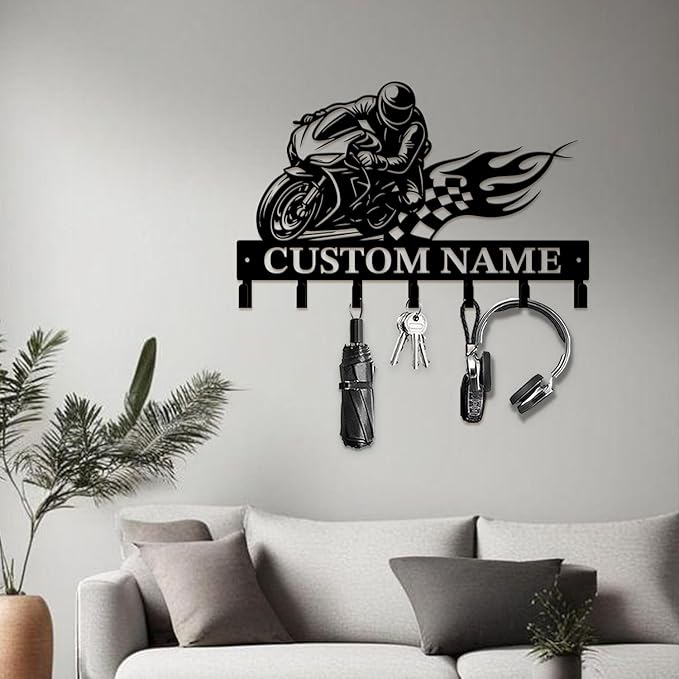 Custom Motorcycle Garage Metal Wall Hooks,Key Holder-Personalized Iron Wall Decor for Keys, Coats & Home(Black, Handmade,Decorative,Entryway, Bedroom,Man Cave) (Style E)