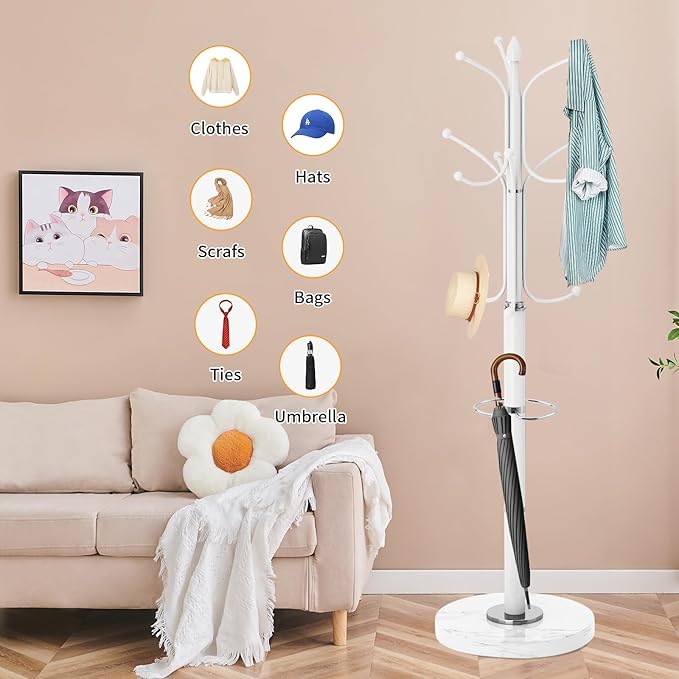 ZOZOE Metal Coat Rack Stand, Modern Coat Rack Freestanding with Natural Marble Base, Sturdy Coat Racks with 12 Hooks & Umbrella Holder,White Coat Tree Hanger Stand for Bags,Hats,Entryway,Office