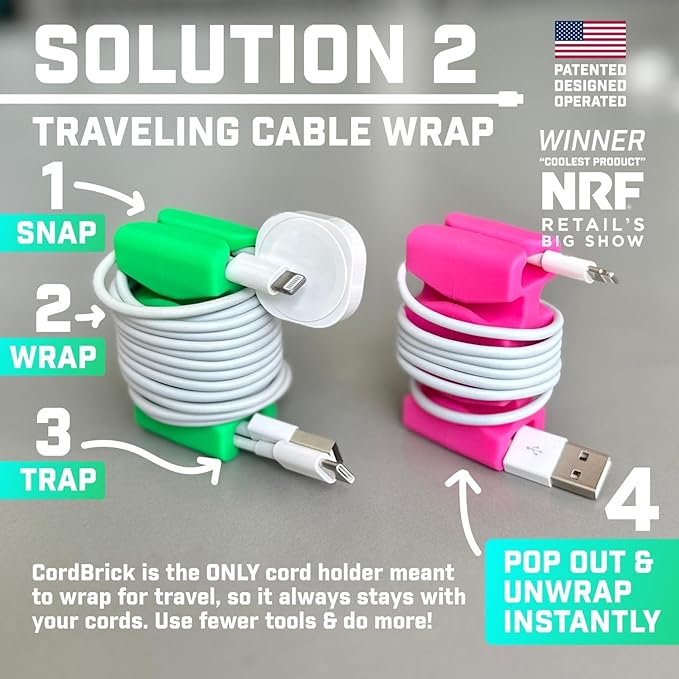CordBrick 2pk Weighted Cord Holder for Nightstand - Phone Charger Cable Management for Travel, Phone Accessory, Stocking Stuffers for Adults - Multipurpose Gift for Home, Silicone, Light Gray/Green