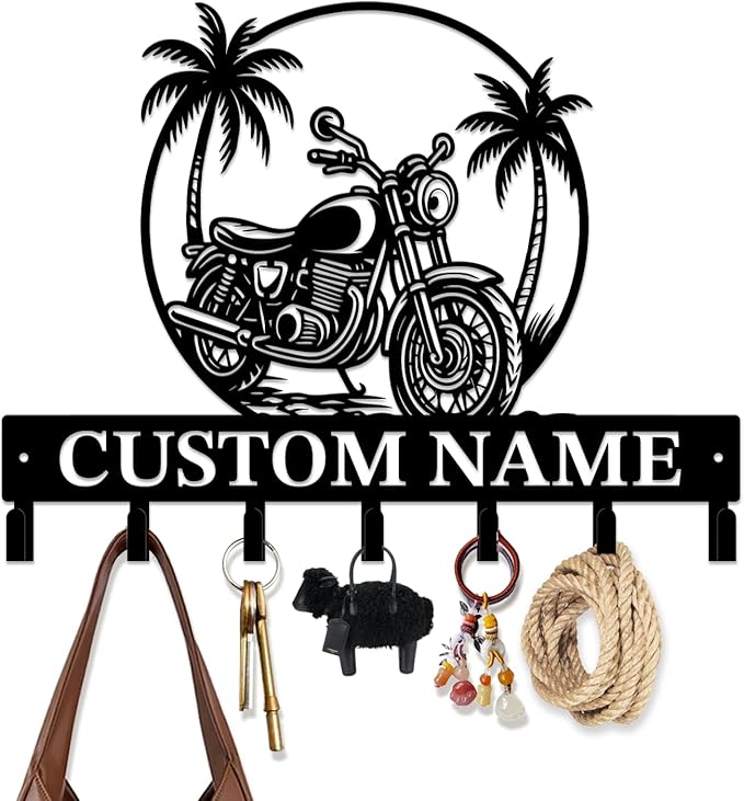 Custom Motorcycle Garage Metal Wall Hooks,Key Holder-Personalized Iron Wall Decor for Keys, Coats & Home (Black, Handmade,Decorative,Entryway, Bedroom,Man Cave) (Style I)