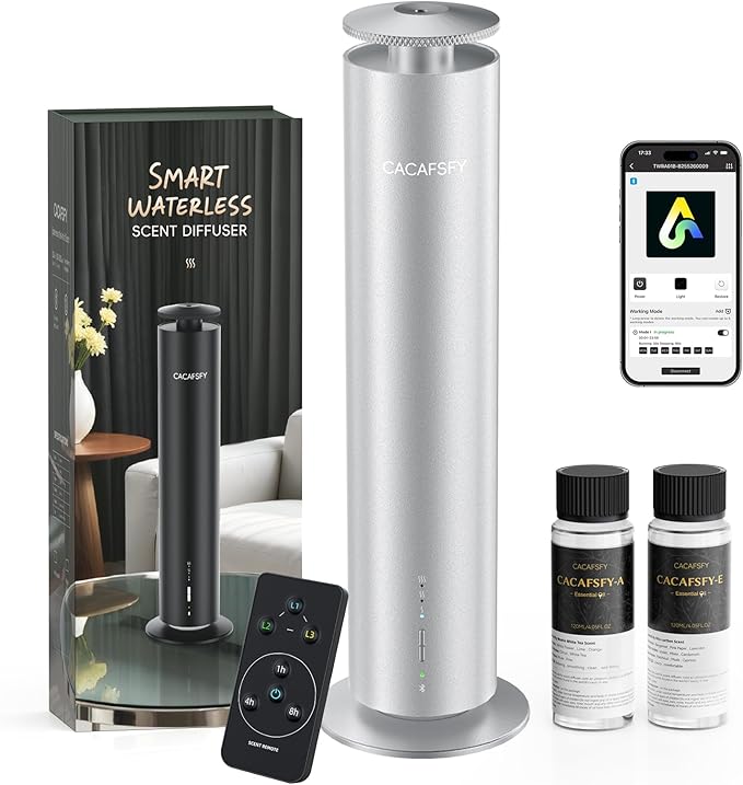 Waterless Scent Diffuser Kit-Include 2x120ml Essential Oils, Essential Oil Diffuser for Home, Hotel & Office, APP&Remote Control, Quiet Operation, Pets and Kids Friendly, Coverage 1000 Sq Ft