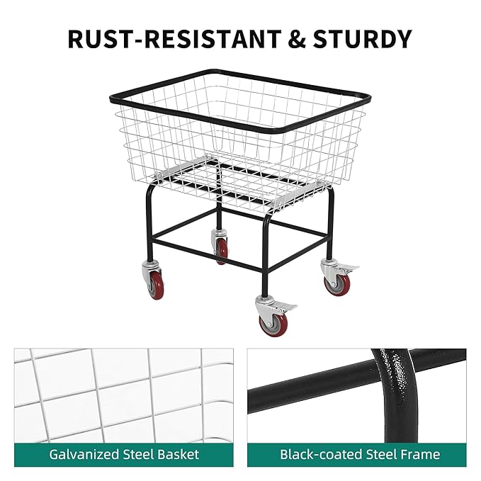 4.5-Bushel Rolling Laundry Cart with Wheels Durable Metal Wire Laundry Basket Heavy-Duty Large Steel Storage Basket with Galvanized Finish, for Commercial or Home Laundry Use