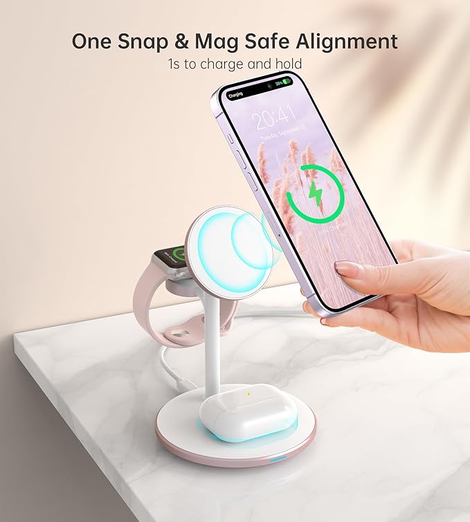 XooFly 3 in 1 Wireless Charging Station for Apple Devices, Fast Wireless Mag-Safe Charger Stand with 20W Adapter for iPhone 17/16 15 14 13 12 Pro Max/Pro/Plus/Air/Mini, iWatch, AirPods (Pink)