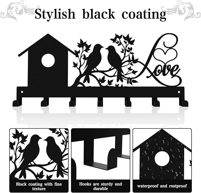 Metal Key Holder, Wall Mounted Key Hooks, Key Holder for Wall, Key Organizer Rack with 7 Hooks, Key Hanger Decor for Kitchen, Entryway, Hallway, Bedroom, Doorway (House Bird 12IN)