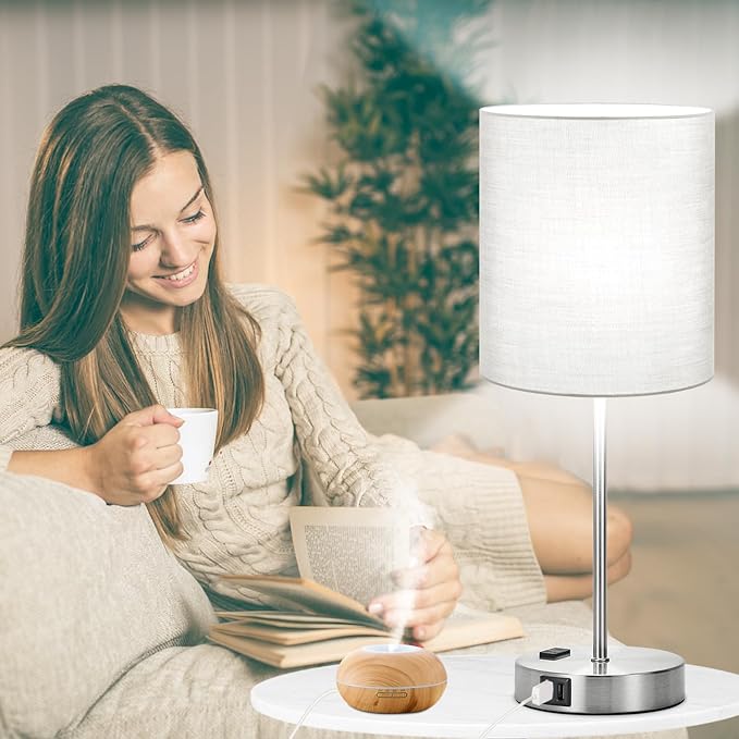𝟮𝟬𝟮𝟯 𝗡𝗘𝗪 Set of 2 Touch Grey Table Lamps with 2 USB Ports & AC Outlet, 3-Way Dimmable Bedside Nightstand Lamps for Bedroom Living Room Nursery, 800 Lumens 5000K Daylight Bulbs Included