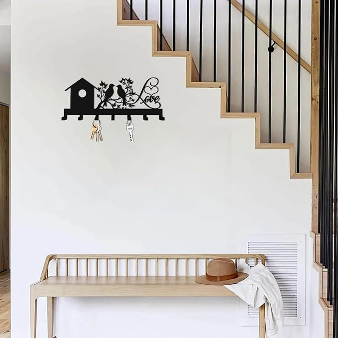 Metal Key Holder, Wall Mounted Key Hooks, Key Holder for Wall, Key Organizer Rack with 7 Hooks, Key Hanger Decor for Kitchen, Entryway, Hallway, Bedroom, Doorway (House Bird 12IN)