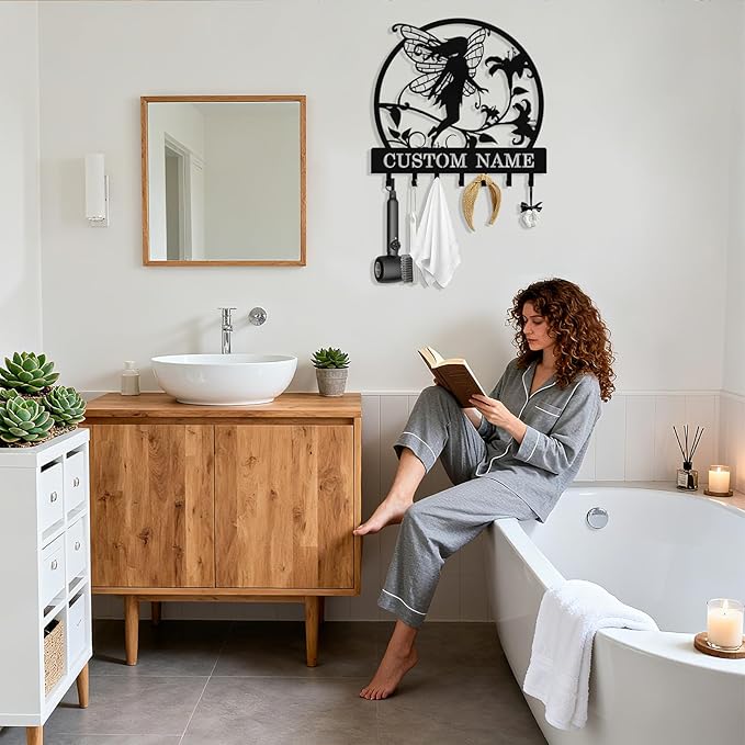 Personalized Fairy Key Holder Wall Mount, Custom Metal Key Rack Key Holder with Name, Deer Cabin Wall Keys Hanger with Hooks for Entryway, Front Door, Hallway, Kitchen, Living Room