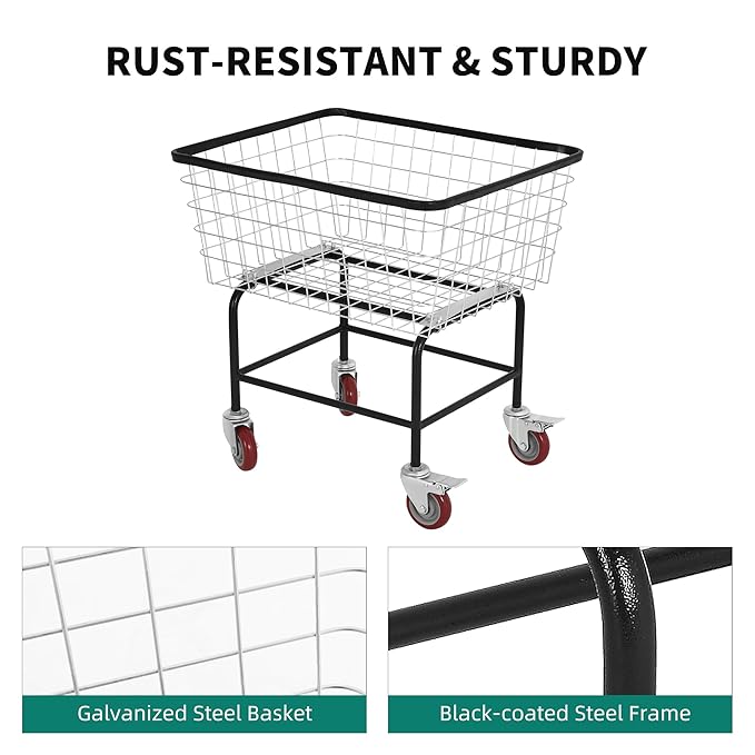Wire Laundry Cart wtih Wheels, 2.5 Bushel Rolling Laundry Basket, Commercial Basket Carts for Laundry Room, Hotel, Home, Apartment Use, Durable Steel Frame with Galvanized Finish, 5" Casters