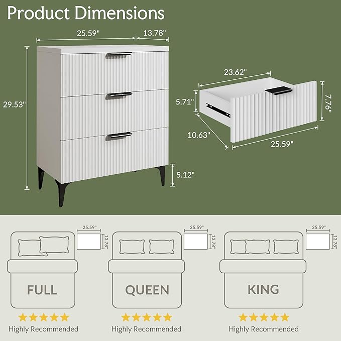 Wood Night Stand Set Fluted Dresser for Bedroom 3 Drawers End Tables Nightstand, Storage Modern Side Table Natural White Bedside Table
