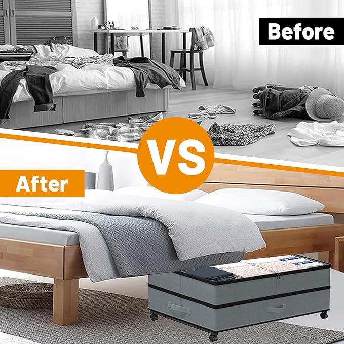 Under Bed Storage with Wheels, 2 Pack Large Capacity Storage Containers with Clear Lids & Handles, Adjustable Height 7.5”–10.6”, Under bed Organizer Bins for Shoes, Clothes, Blankets, Toys (Grey)